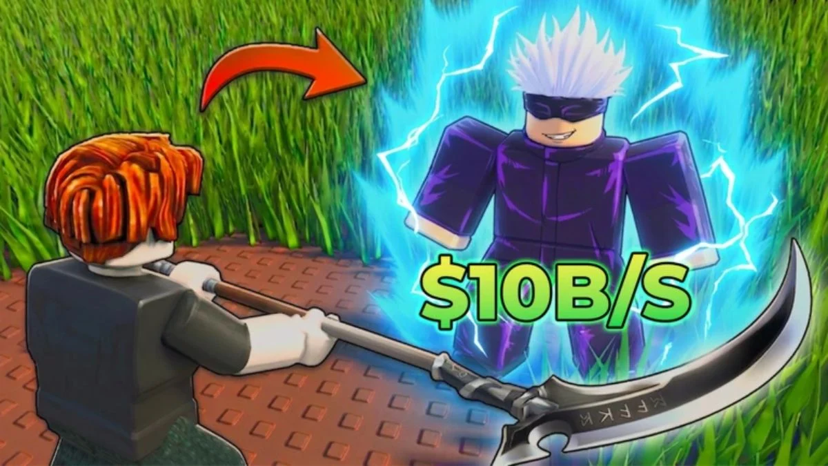 A player character slashing through tall grass to uncover hidden anime characters in the Roblox game Cut Grass for Anime Characters.