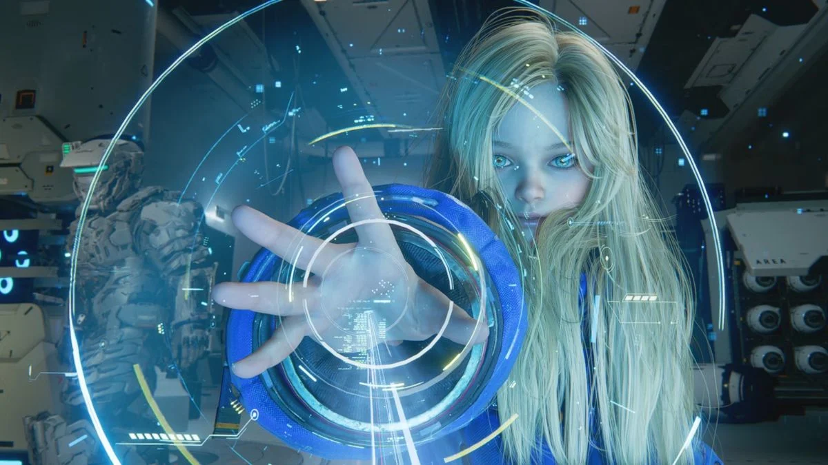 Diana from PRAGMATA using her hacking abilities with a glowing blue digital interface.