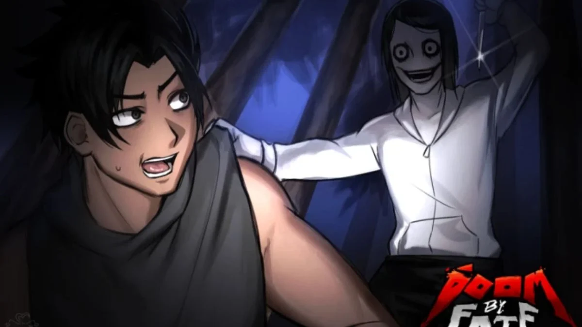 A promotional gameplay graphic for the Roblox horror game Doom by Fate. The image features a dark, atmospheric forest setting with a survivalist character in the foreground.