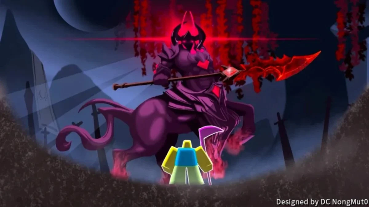 2D digital art from Roblox Dungeon Hunters featuring a small "Noob" character facing off against a giant purple centaur boss wielding a glowing red spear.