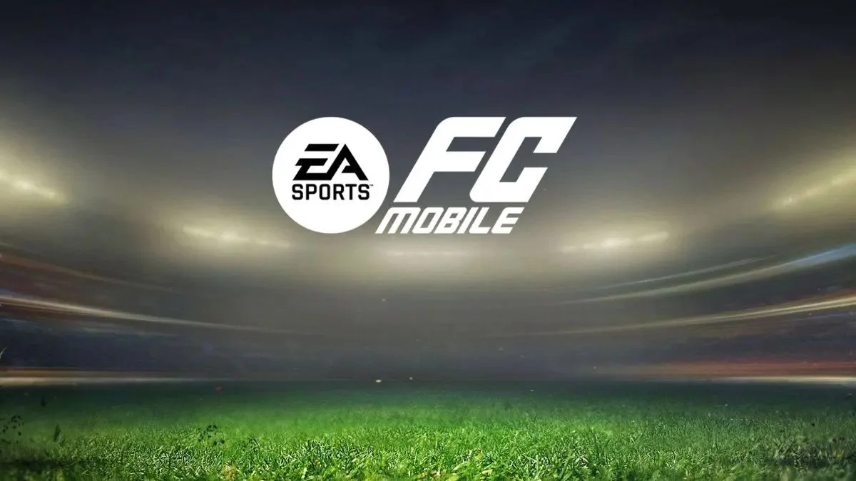 Official EA Sports FC Mobile logo centered over a blurred green football stadium pitch at night.