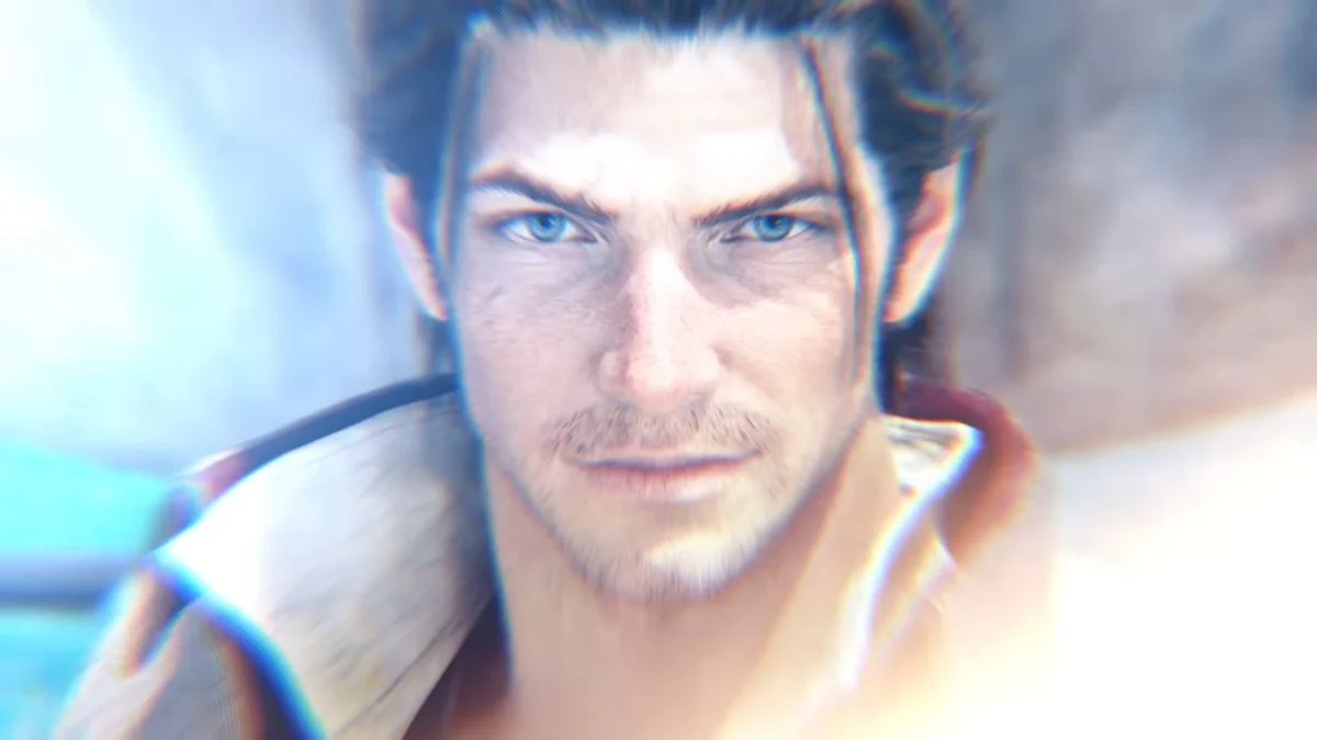 Close up of the Warrior of Light with blue eyes in the Final Fantasy XIV Evercold expansion teaser.