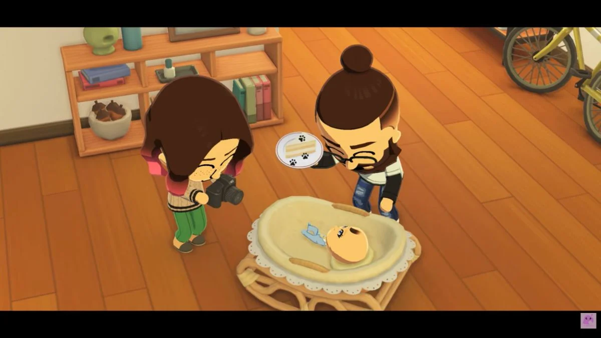 Mii parents in Tomodachi Life: Living the Dream interacting with their baby in a cradle while taking a photograph.