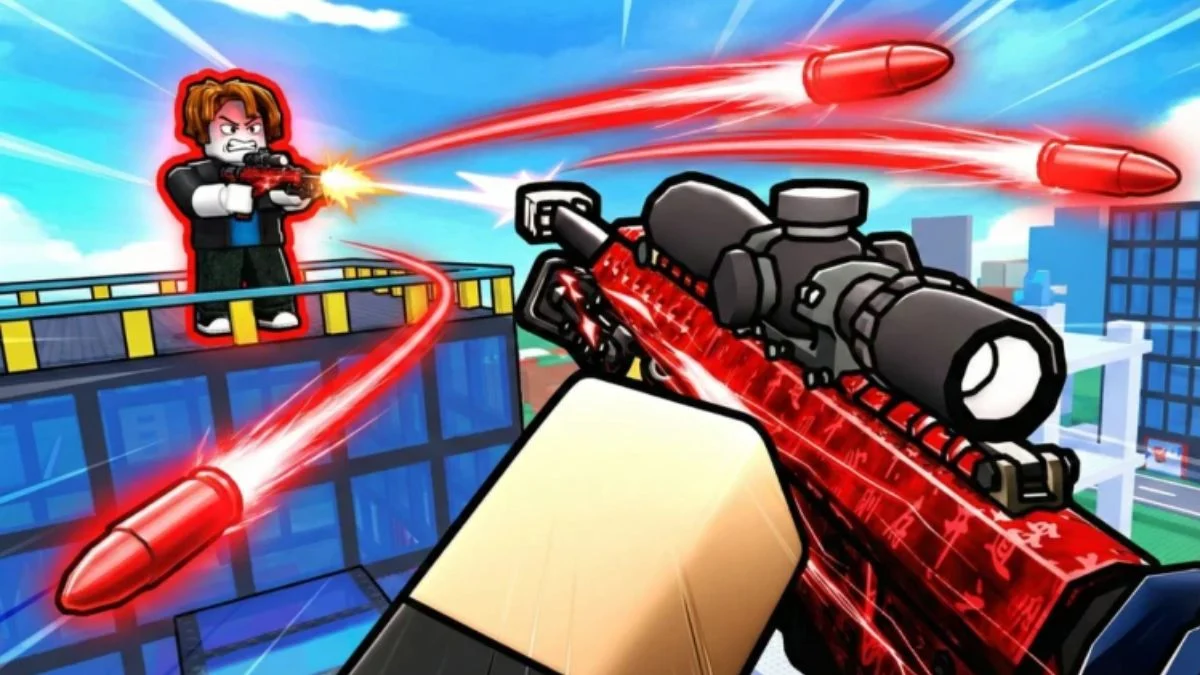 First-person perspective of a Mii-style character firing a red-skinned sniper rifle in a Hypershot urban map.