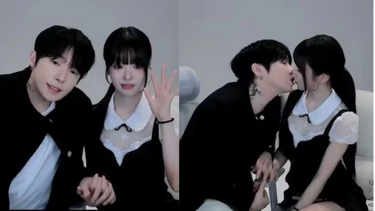 Side-by-side images of Juice Seyeon and BJ K waving to fans and sharing a kiss on stream.