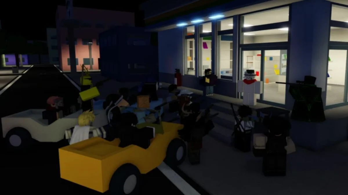 Roblox players gathered outside a building in Jujutsu Shenanigans during a night-time combat session.