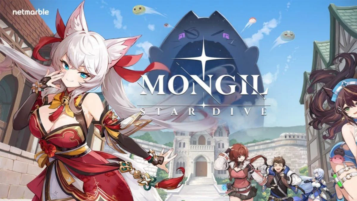 MONGIL: STAR DIVE official launch artwork featuring Verna, Cloud, Nyanners, and other heroes in a fantasy town setting.