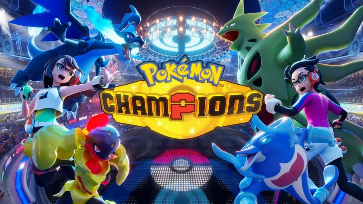 Pokémon Champions promotional art featuring trainers and Pokémon like Tyranitar, Charizard, and Primarina in a stadium.