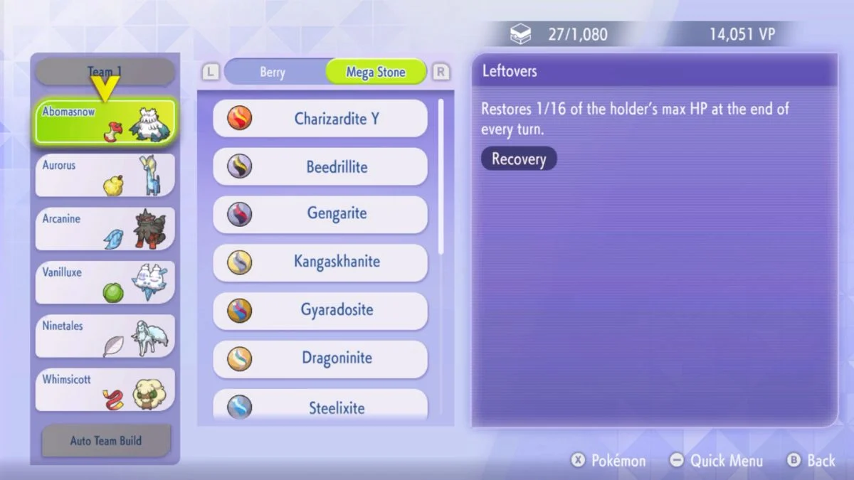 Pokémon Champions Item UI showing the dedicated Mega Stone tab with Charizardite Y, Beedrillite, and Gengarite.