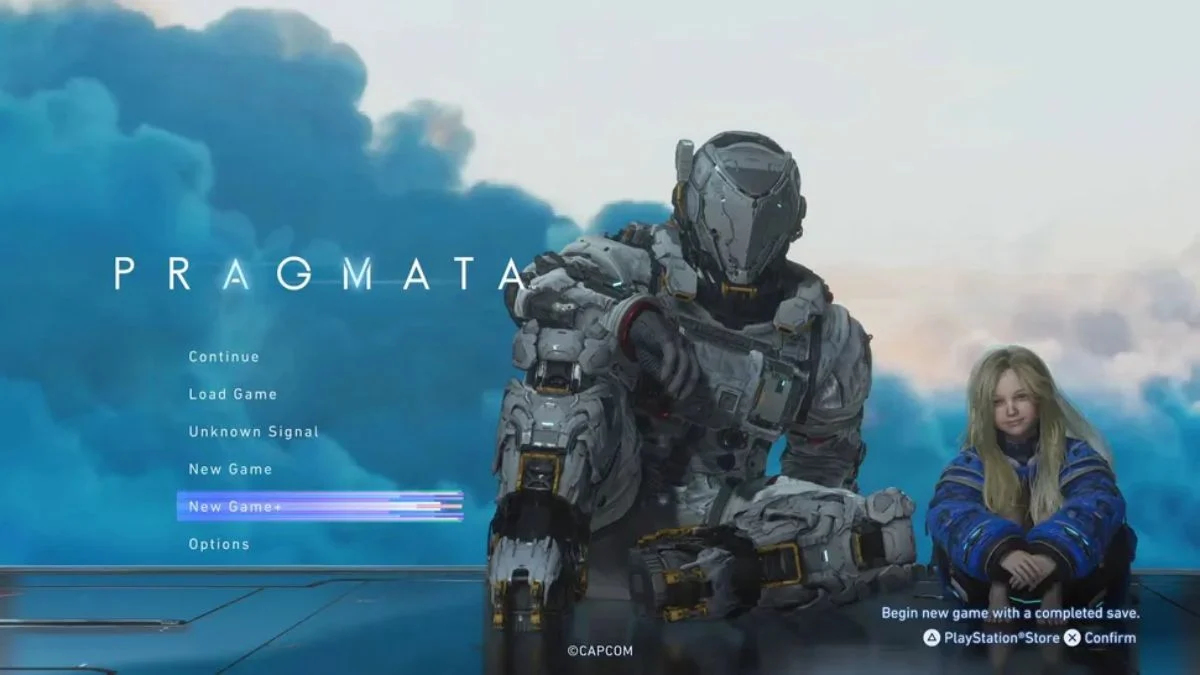 Pragmata main menu showing the New Game Plus option highlighted with Hugh and Diana in the background.
