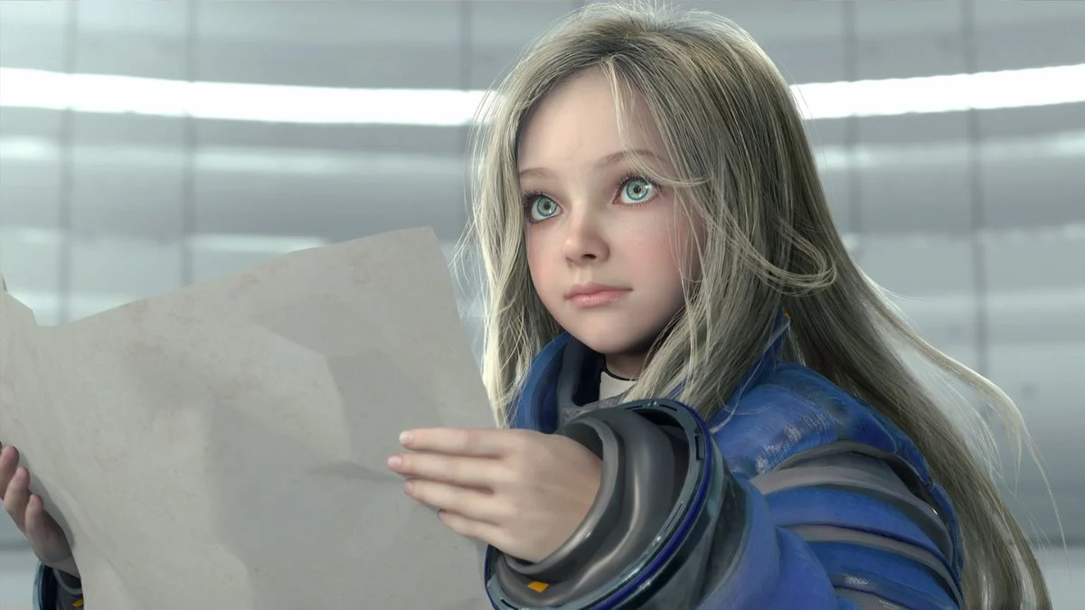 Pragmata gameplay featuring Hugh and Diana on a lunar research station.