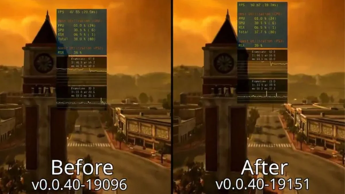 A side-by-side performance comparison of Twisted Metal on RPCS3 showing FPS gains from the April 2026 Cell CPU breakthrough.