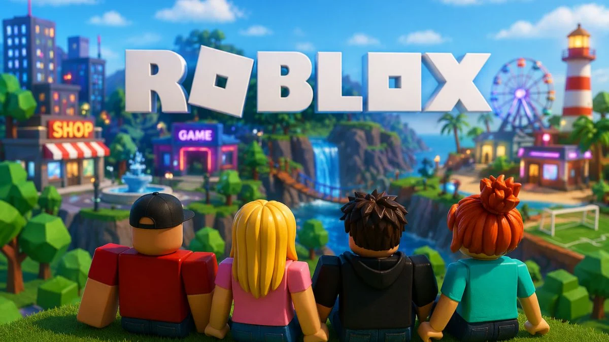 Four Roblox avatars sitting on a grassy hill looking toward a vibrant virtual world with a Ferris wheel, lighthouse, and "Shop" and "Game" buildings under a blue sky.
