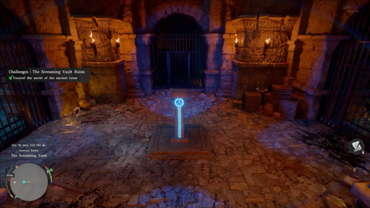 The main chamber of the Screaming Vault in Crimson Desert featuring a glowing blue Abyss Artifact podium.