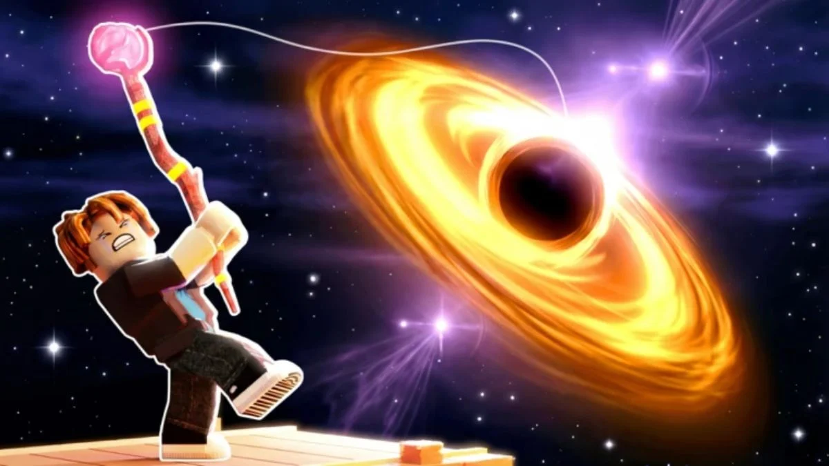 A Roblox character casting a pink energy fishing rod toward a giant glowing yellow black hole in space.