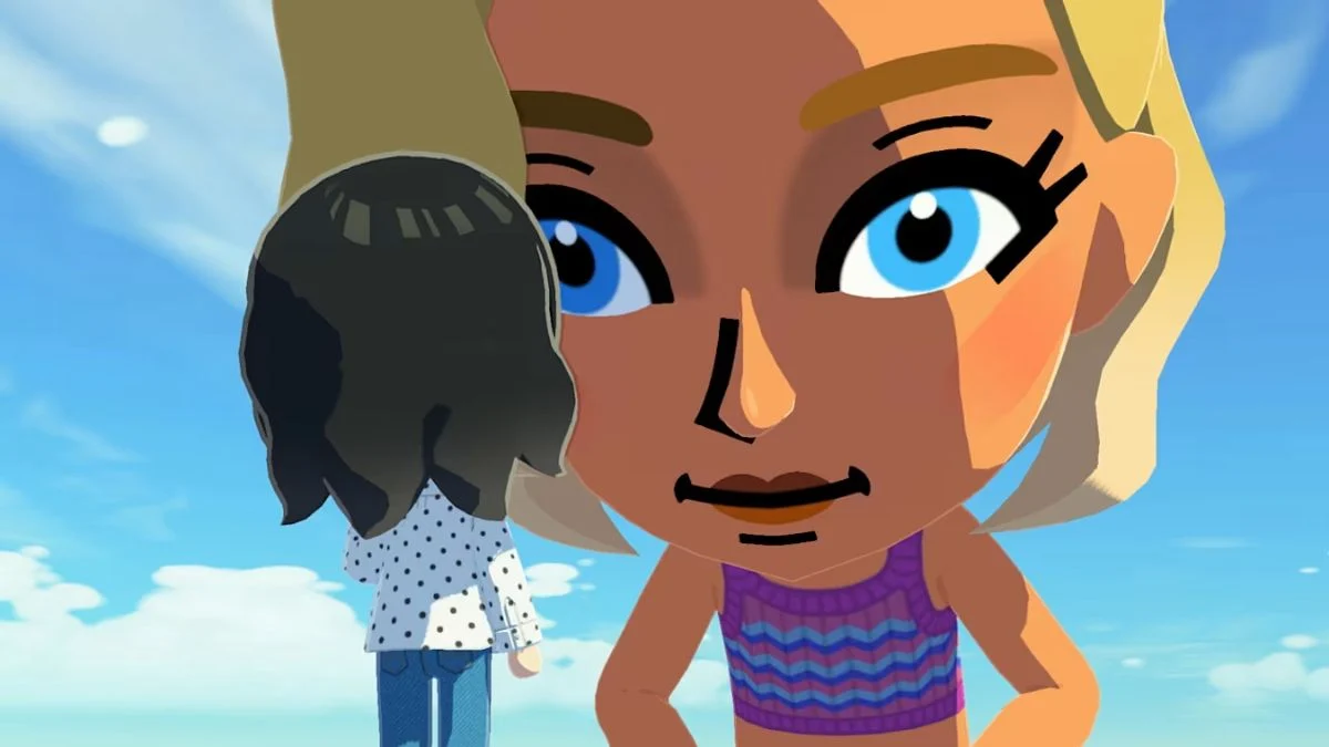 A close-up view of two Mii characters interacting on an island in Tomodachi Life Living the Dream.