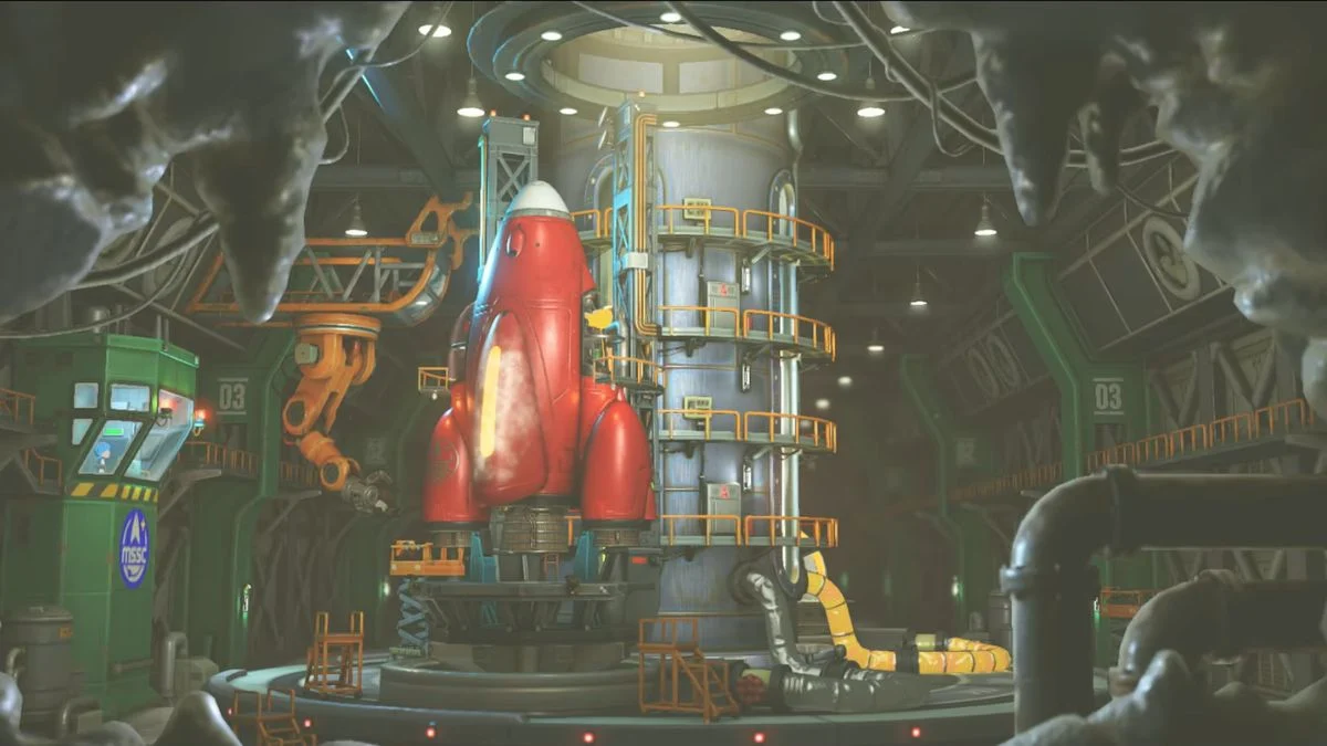 A large red rocket ship inside a high-tech launch bay with green walls and industrial pipes, ready for the Outer Space Tour in Tomodachi Life.