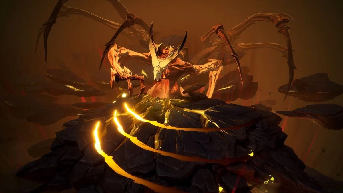 A massive skeletal boss rising from a cracked, glowing volcanic platform in Torchlight: Infinite.