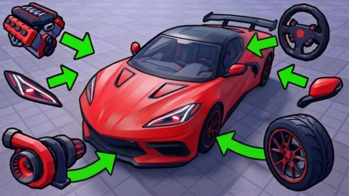 A red sports car surrounded by green arrows pointing to car parts like engines, wheels, and steering wheels.