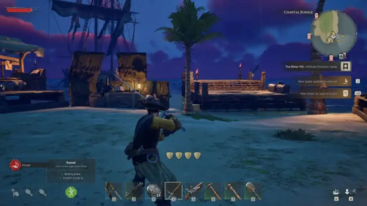 A player character in Windrose holding a sword on a tropical beach at night with four shield icons representing Posture Points visible on the UI.