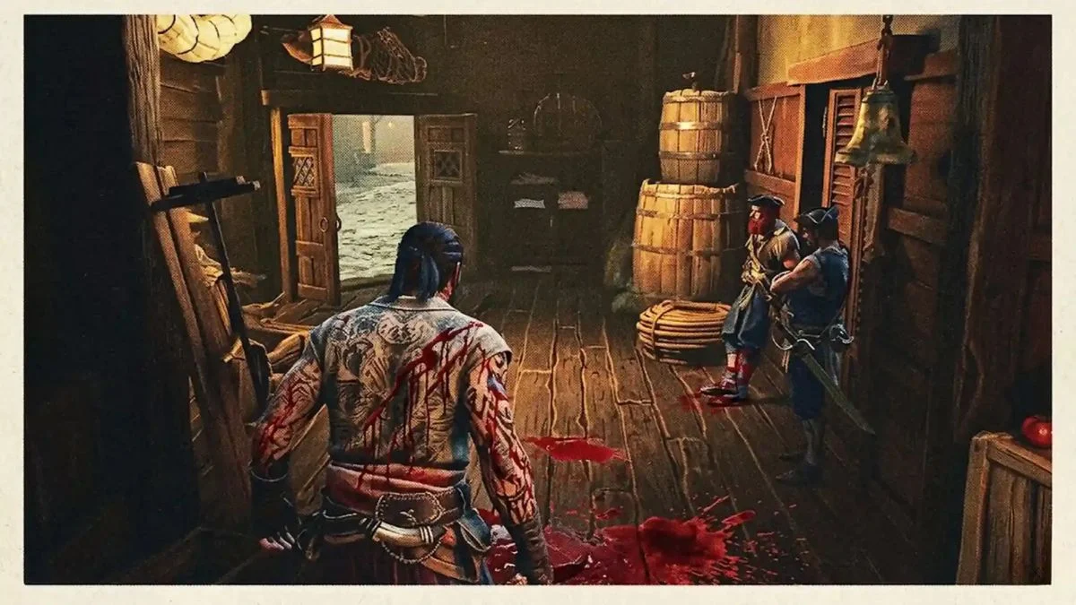A tattooed player character standing in a bloody tavern interior in Windrose.