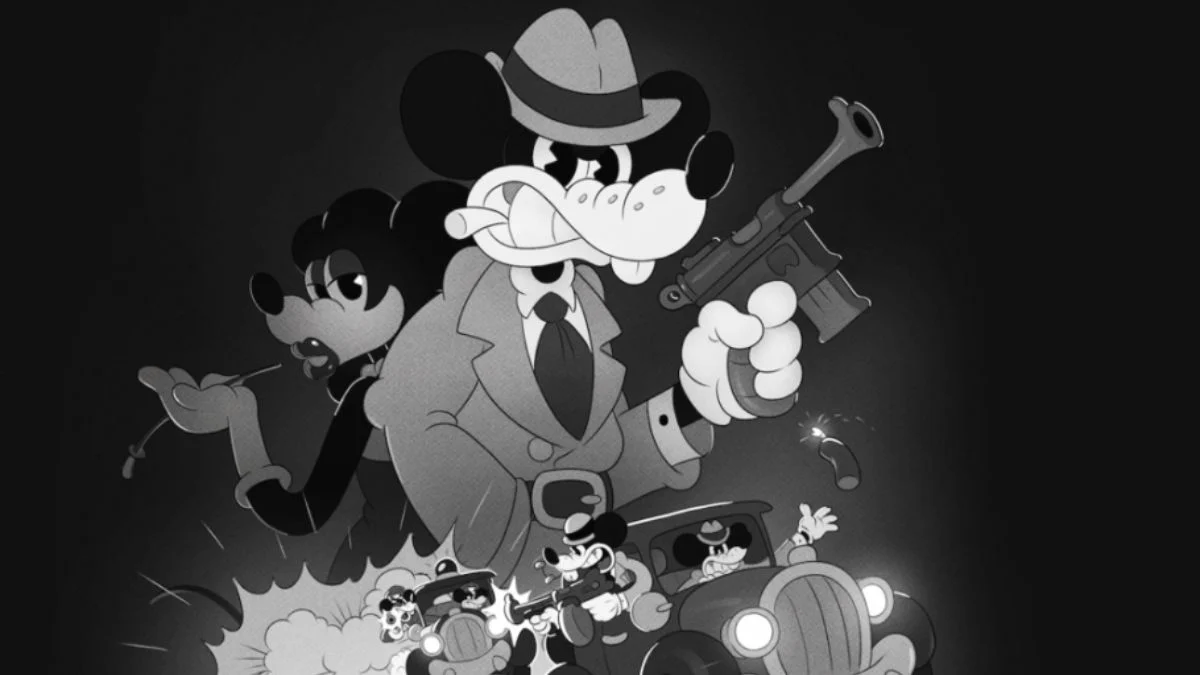 A black and white noir-style illustration of Jack Pepper holding a gun with a female companion and a car chase in the background.