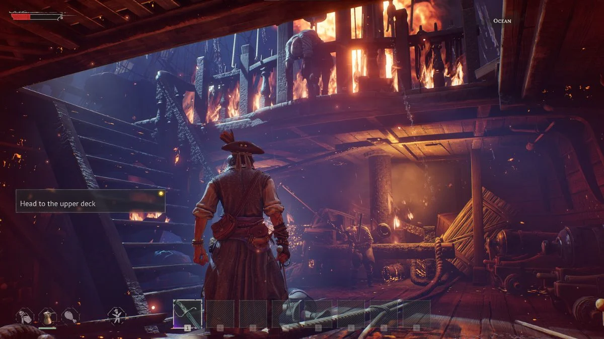 A pirate character standing on the lower deck of a burning ship in Windrose.