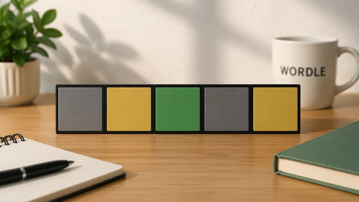 Five blank Wordle tiles in gray, yellow, and green colors on a wooden desk next to a Wordle mug and a notebook.