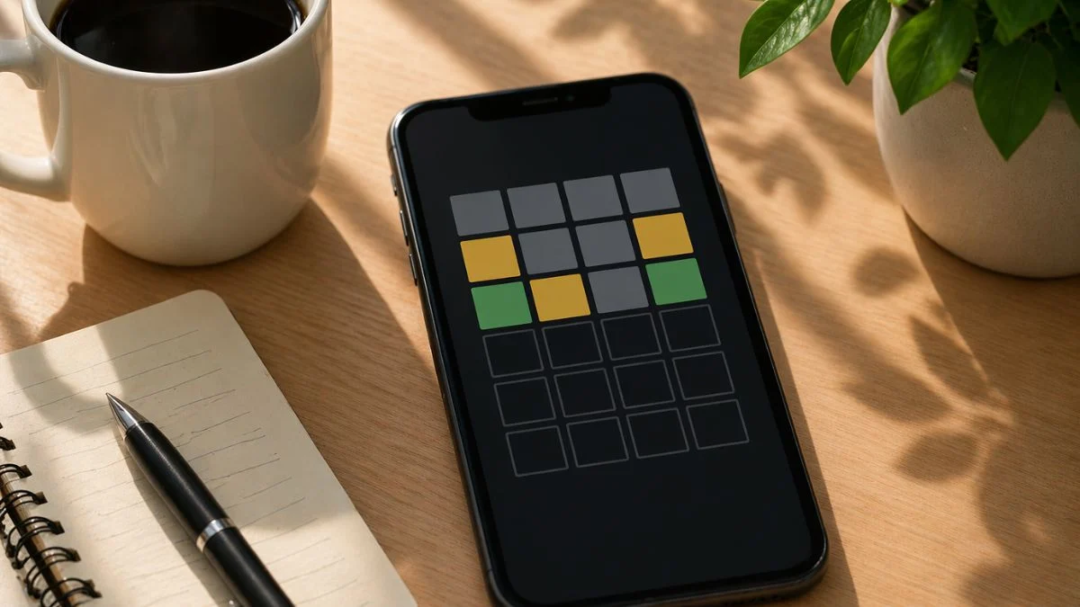 A smartphone on a wooden table displaying a Wordle puzzle with green, yellow, and grey tiles next to a coffee cup and a notebook.