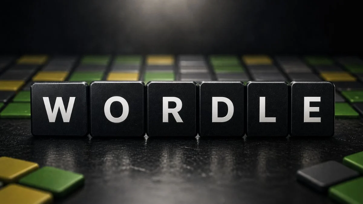 Black 3D tiles spelling out the word WORDLE on a dark reflective surface with blurred green and yellow squares in the background.