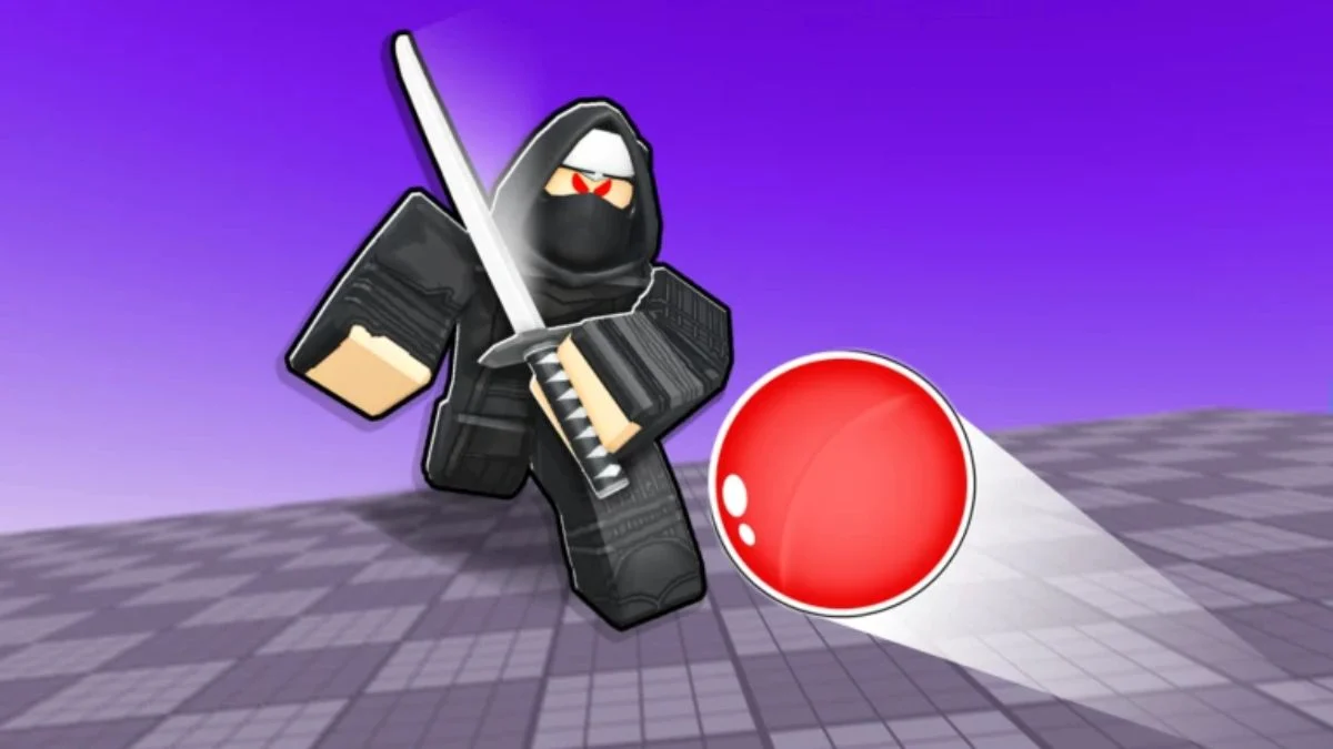 A 3D Roblox character dressed as a black-clad ninja swinging a katana at a fast-moving red ball in a Blade Ball match.