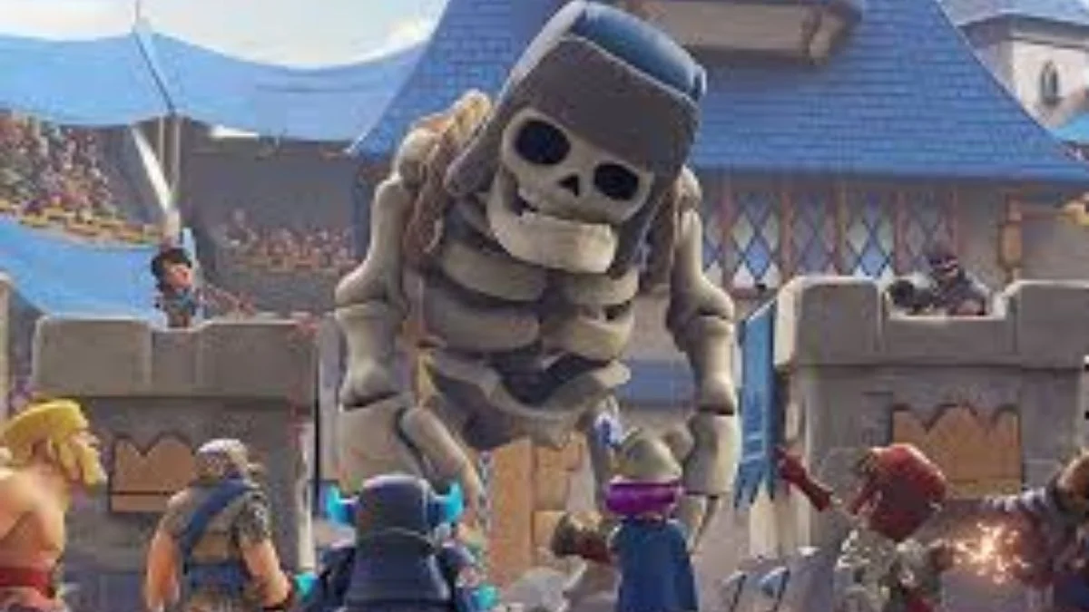 Clash Royale gameplay scene showing a Giant Skeleton and various troops in an arena battle.