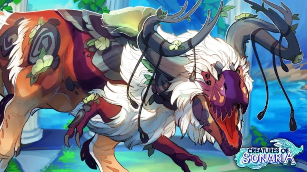 Vibrant artwork of a large, feathered dinosaur-like creature in Creatures of Sonaria.
