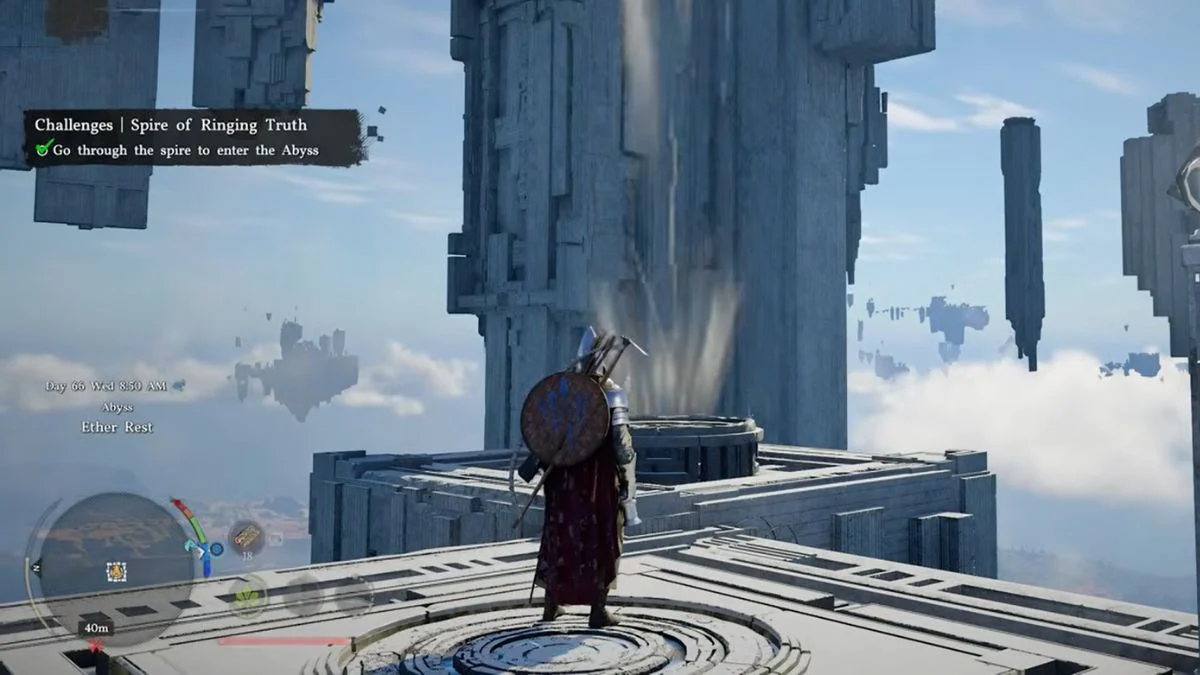 Kliff standing at the entrance of the Ether Rest Abyss puzzle in Crimson Desert, overlooking floating platforms and fans.