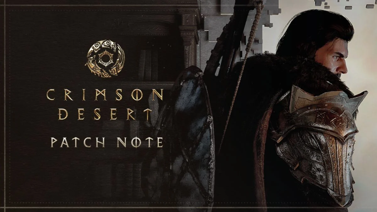 Crimson Desert official patch notes cover featuring Kliff in heavy armor with a shield and the game logo.