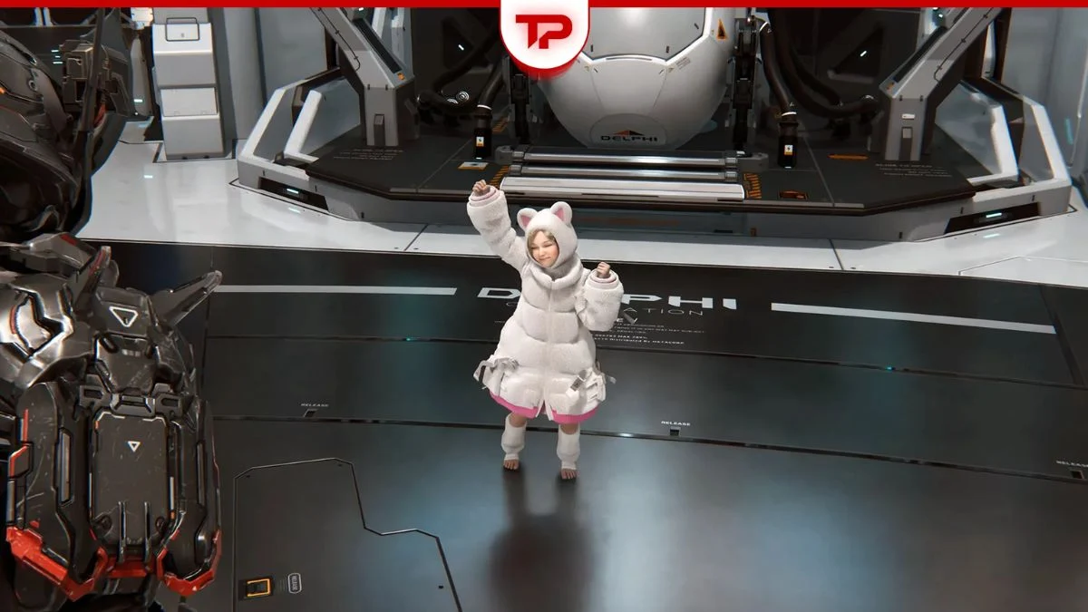 Diana performing an energetic dance animation next to the jukebox inside the Shelter in Pragmata.