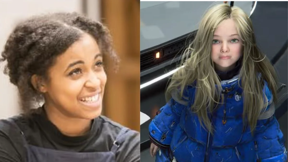 Diana, the android girl, and Hugh Williams in a high-tech lunar environment from Capcom's Pragmata.