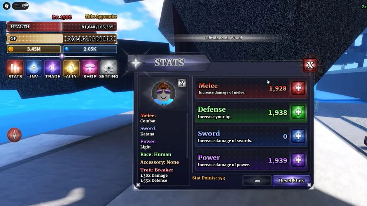 The Sailor Piece stats menu showing Melee, Defense, and Power attributes along with the Breaker trait which provides 1.30x Damage.
