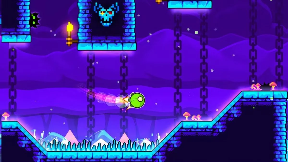 Geometry Dash 2.2 gameplay showing a green ship flying through a blue and purple dungeon-themed level.