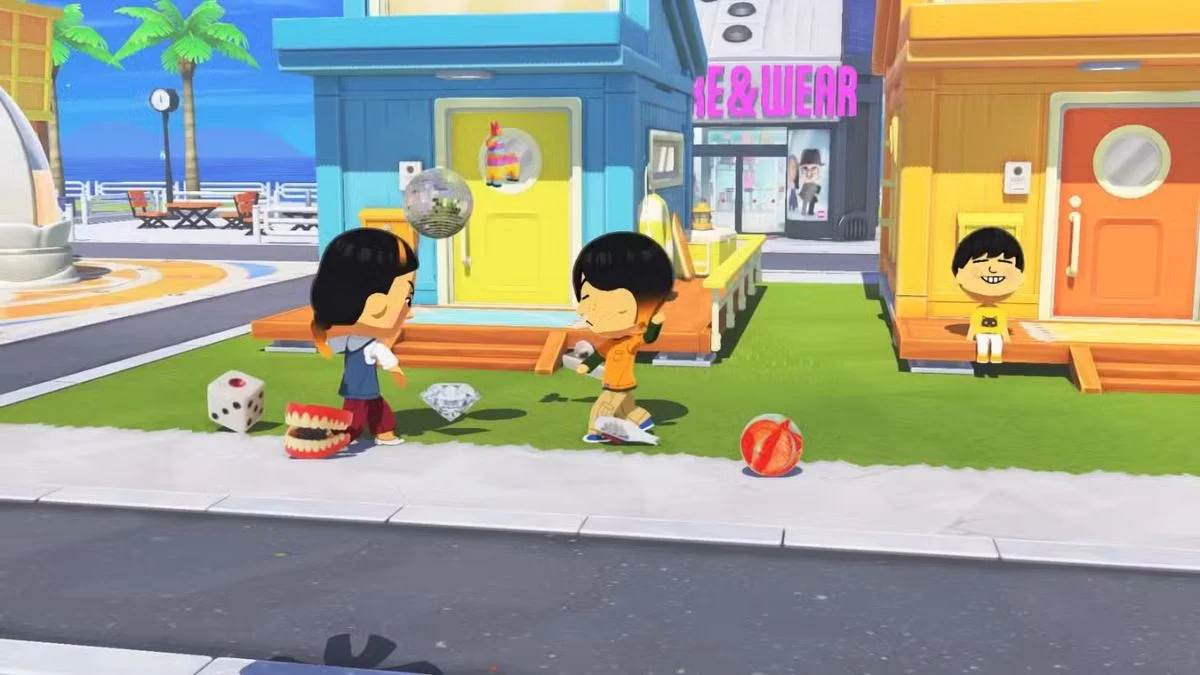 Two Miis in Tomodachi Life: Living the Dream having a heated argument while throwing a disco ball, diamond, and dentures.