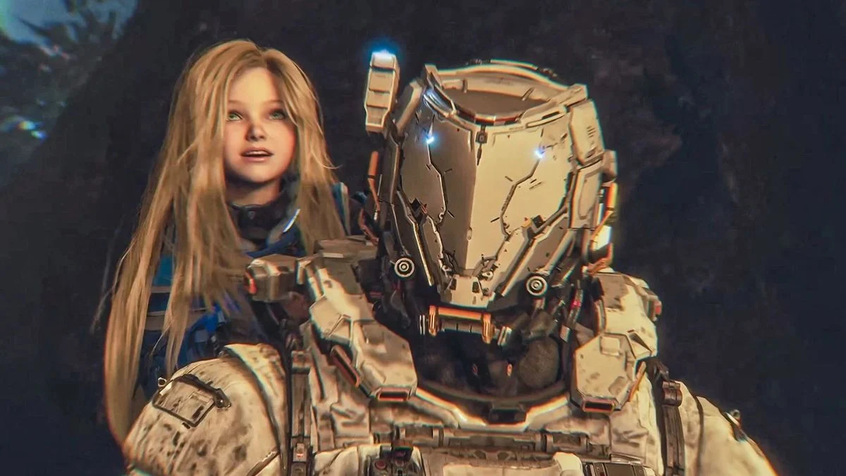 Hugh Williams in his damaged white space suit with Diana riding on his back during the final moon mission in Pragmata.