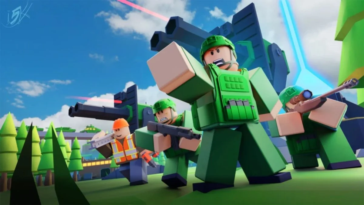 Roblox Mini Empires promotional artwork showing green-armored soldiers and a construction worker charging into battle with cannons.