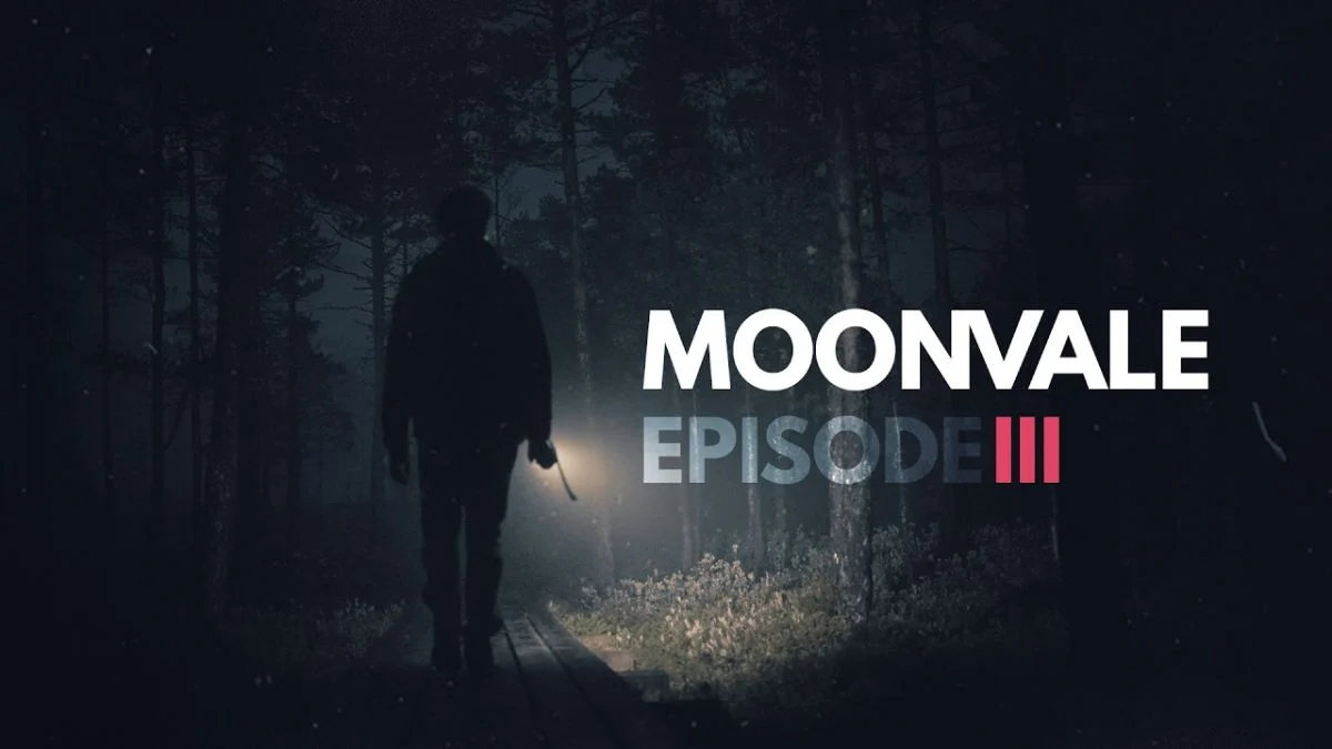Moonvale Episode 3 official title card with a dark forest background and a "Play Now" call to action.