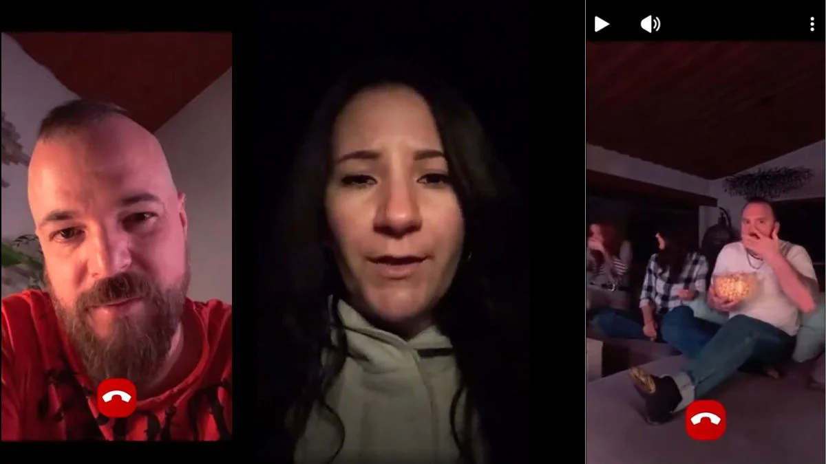 A group video call in Moonvale featuring the original Duskwood characters Thomas, Cleo, Jessy, and Dan.