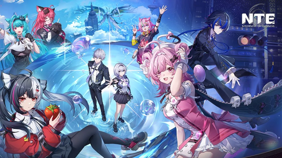 Diverse cast of Neverness to Everness characters including Nanally and Jiuyuan showcasing their Esper abilities in Hethereau.