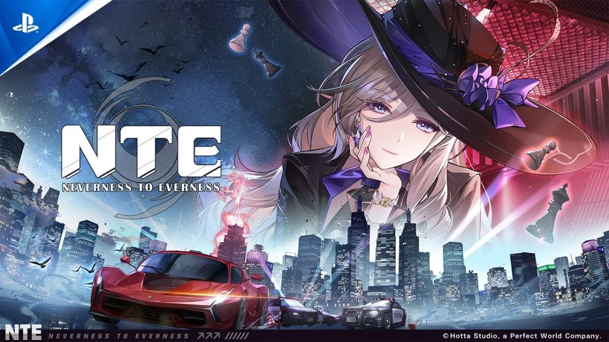 Key promotional art for Neverness to Everness on PS5 featuring an urban city skyline, a red supercar, and a supernatural female character.