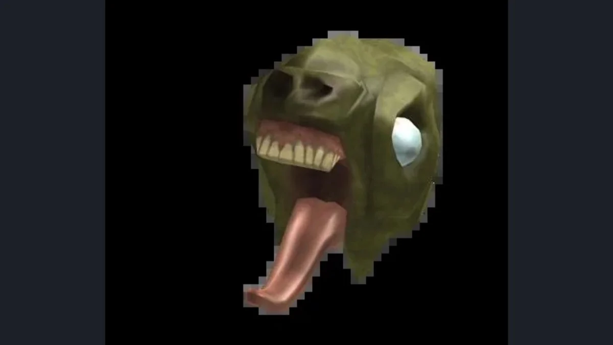 A close-up 3D render of the Roblox Oozing Oscar hat featuring a green slime-textured monster head with an open mouth and large tongue.