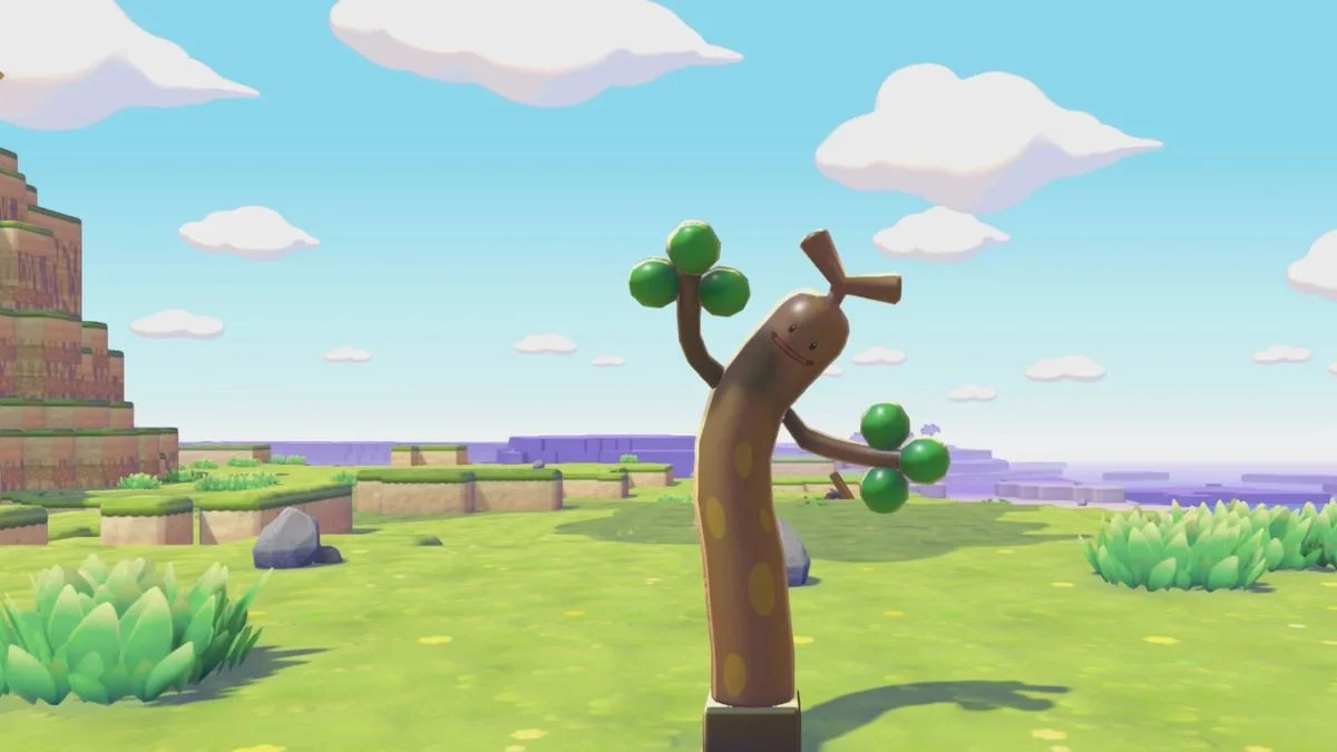 A 3D render of an Inflatable Sudowoodo decoration standing in a grassy field under a blue sky in Pokémon Pokopia.