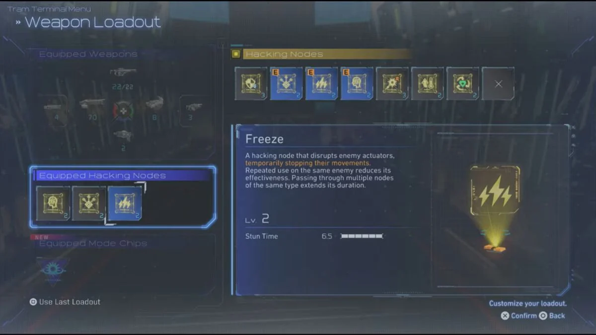 Pragmata weapon loadout menu showing equipped hacking nodes and the Freeze node description.