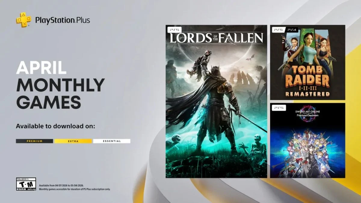 PlayStation Plus April 2026 Monthly Games lineup featuring Lords of the Fallen, Tomb Raider I-III Remastered, and Sword Art Online Fractured Daydream.